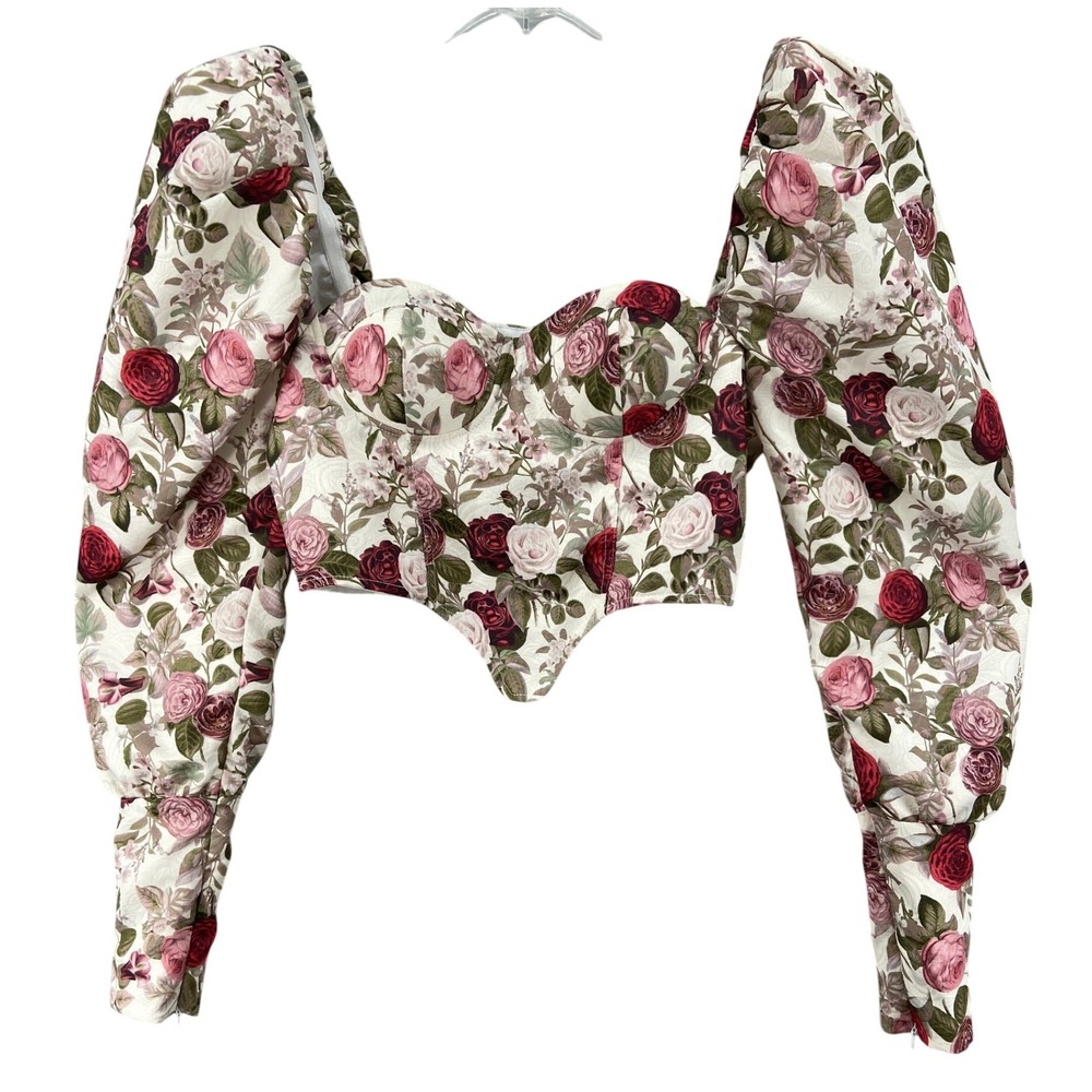 SHEIN Floral Corset Sz S Puff Sleeve Crop Top Rose Print Coquette‎ Victorian